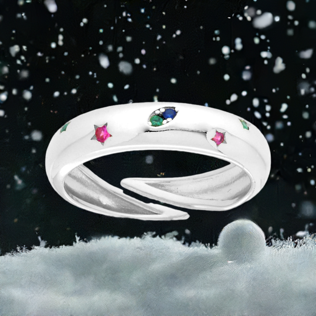 Anello a Fascia Bombato con Stelle e Zirconi Multicolor