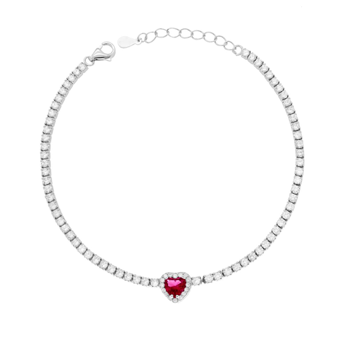 Bracciale Tennis in Argento con Cuore Rubino