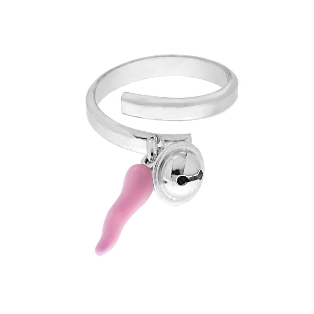 Anello Aperto con Cornetto e Campanella in Argento